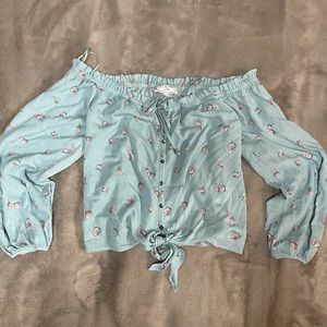 Off the Shoulder Blue Flower Print Blouse